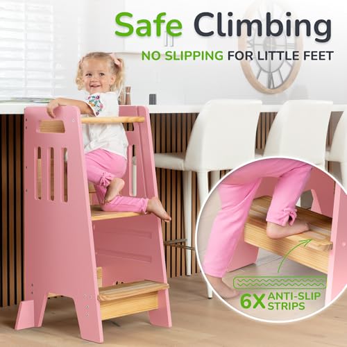 Toddler Tower with a Sliding Door and 3 Adjustable Heights - Complete Toddler Kitchen Stool Helper with Support Feet - Safe Design for 18+ Months to 6-Year-Old Kids - Pink