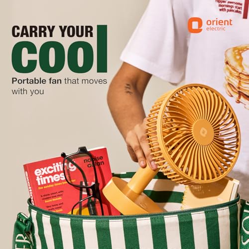 Image of Orient Electric Elfie Rechargeable Personal Fan | 90 Adjustable Airflow | 1800 mAh Battery | 4 Speed Modes | Quiet Operation | USB Type-C Charging | Compact Mini Fan | Tangerine Orange