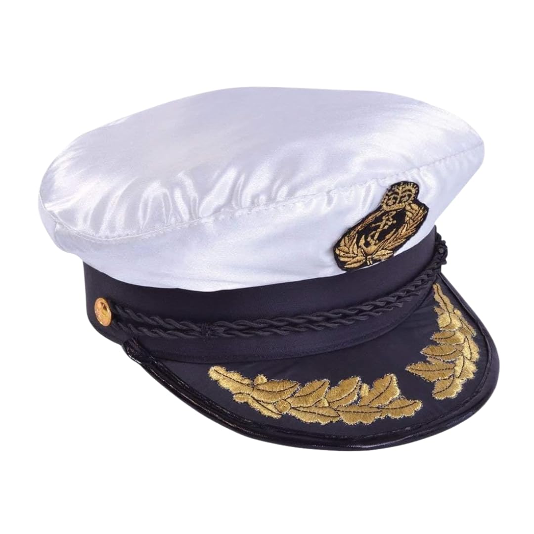 House of Velours® Adults Satin Captain, Pilot & Black Chauffeur Hat, Unisex Airline Yacht Captain Cap Fancy Dress Funny Sailor Accessory Party Theme Halloween For Men and Women (Satin Captain Hat)