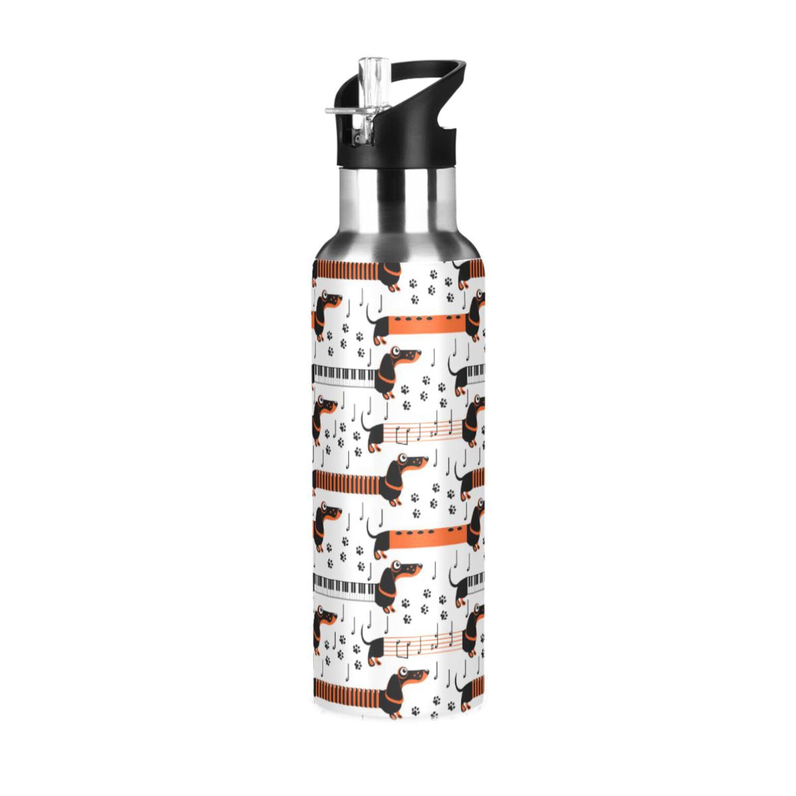 Perros salchicha botella de agua con notas musicales para niñas y niños, botella de agua de acero inoxidable, con pajita, aislada al vacío, termo a prueba de fugas, para deportes, 600 ml