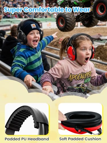 Image of Dr.meter Ear Muffs for Noise Reduction: EM100 27.4 NRR Kids Noise Cancelling Headphones with Adjustable Headband - Kids Ear Protection for Monster Truck Derby Firework - 2 Packs, Black & Red