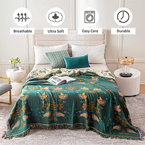 Boho Throw Blanket For Bed - 100% Cotton Ultra Soft Rustic Quilt - Bird Floral Printed Farmhouse Decor Bed Blankets,80"×90" All Season Rustic Throw For Sofa Couch Chair #TOP1