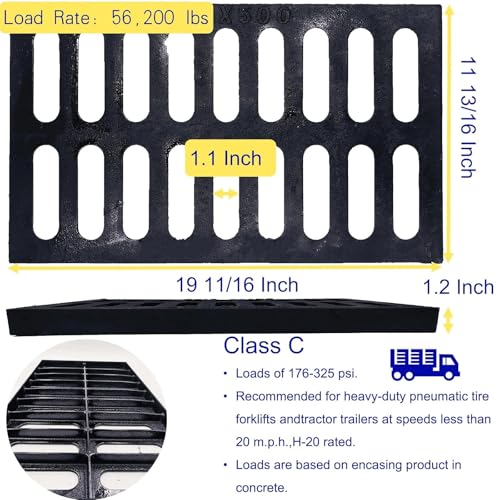Image of Cast Iron Drain Grate, Driveway Channel Cover 20x12 in C-Class | Heavy-Duty Outdoor Trench Drainage, Black Rectangle Metal Sewer Cover for Garage, Yard, True 19.7x11.8