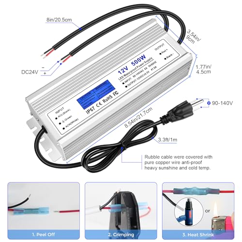 Image of LED Driver 500 Watts, IP67 Waterproof 12V Power Supply, AC 90-140V to DC 12V 41.6A Low Voltage Transformer with 3-Prong Plug 3.28ft Cable for LED Lights, Computer Project, Outdoor Use