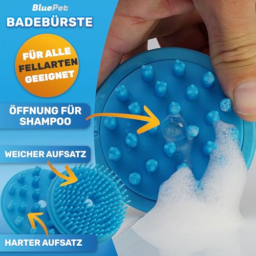 BluePet Befüllbare Badebürste für Hundeshampoo I Einmassieren von Shampoo & anregende Massage I Entferne Schmutz & loses Fell I Inkl. 2x Aufsätze (Weich + Fest) für alle Rassen & Fellarten
