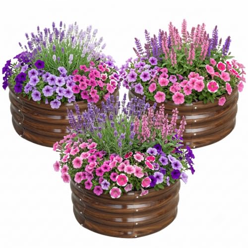 SnugNiture 3 Pcs 2x2x1ft Round Galvanized Raised Garden Bed Kit Outdoor Metal Planter Box for Planting Plants Vegetables Brown