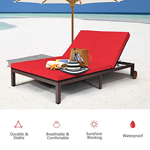 Dortala 2-Person Patio Rattan Recliner Chair W/Wheels & Cushion, Double Wicker Daybed Chaise Lounge Chair With Adjustable Backrest, Outdoor Furniture Conversation Set For Garden Lawn, Red #TOP5