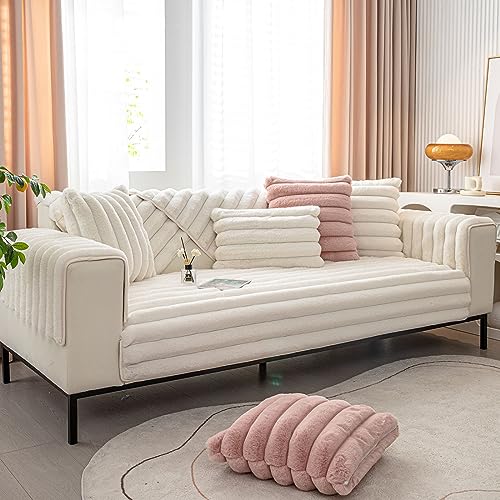 vctops 3D Striped Faux Fur Couch Cover Thick Warm Soft Sofa Cover Non Slip Fuzzy Plush Furry Sofa Slipcovers Shaggy Cozy Washable Furniture Protector for Pets, Kids (Cream,28