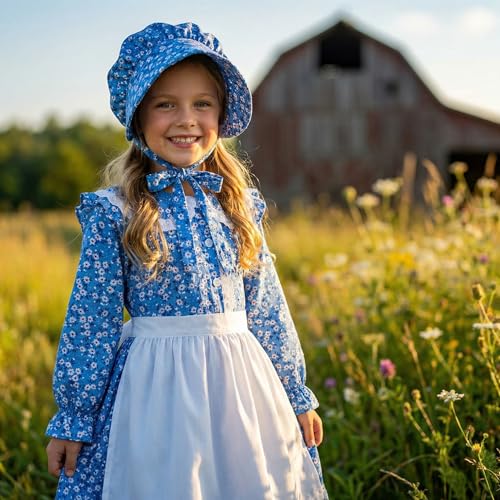 Disfraz de niña pionera con vestido y delantal azul miniatura 7