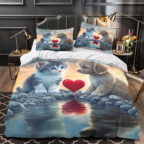 Housse de couette 140x200 chaton mignon parure de lit 3D fermeture éclair