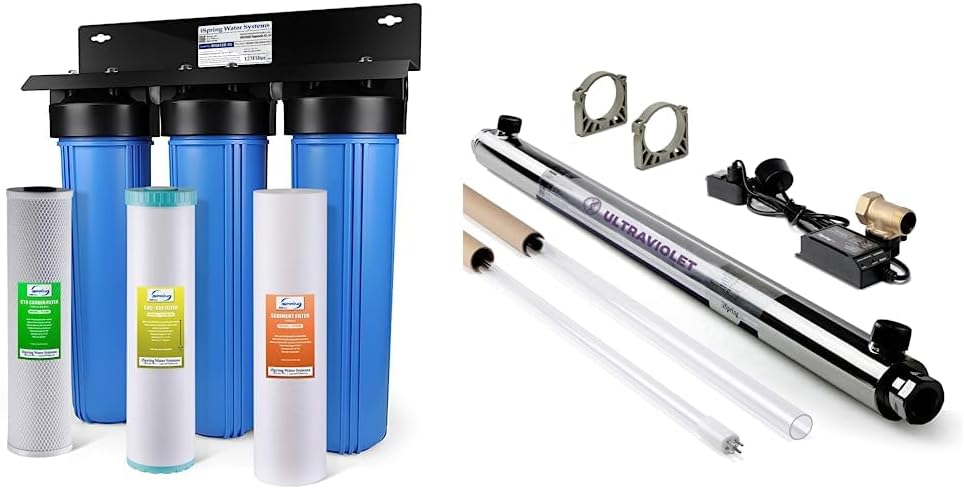 iSpring Whole House Water Filter System w/Sediment, KDF, and Carbon, 3-Stage, Heavy Metal Reducing, Model: WGB32B-KS & UVF55FS Whole House UV Water Filter with Smart Flow Sensor Switch, 55W, 12 GPM
