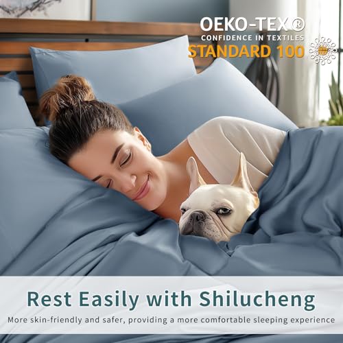 Image of Shilucheng 6 Piece Queen Sheet Sets, Cooling Sheets, Blend Rayon Derived from Bamboo, Deep Pocket Up to 16 inch, Breathable & Soft Bed Sheets, Hotel Silky Bedding Set, French Blue