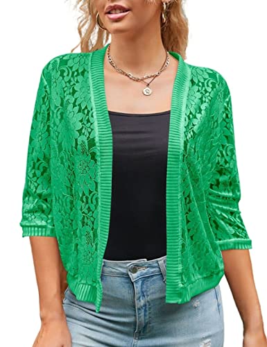 Image of Xunger Women's 3 /4 Sleeve Lace Cardigan Casual Open Front Floral Lace Shrug Summer Cover Up