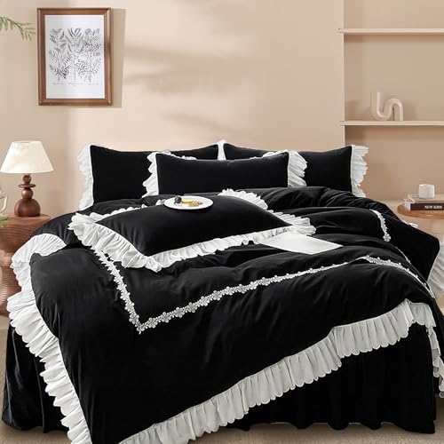 Guchuang Bedding Ruffle Duvet Cover Set Double Size, Black Ruffle & Flower Design 3-Piece Bedding Set, Soft Microfiber