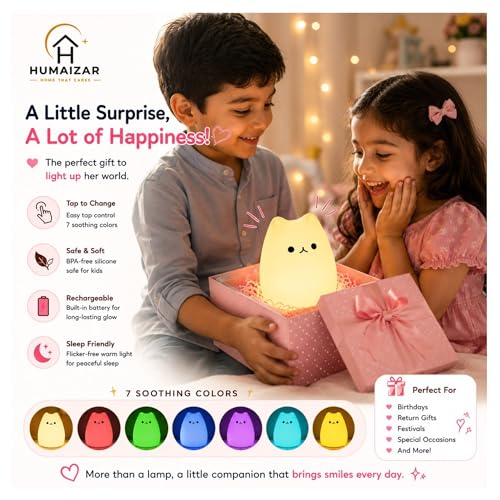 Image of HUMAIZAR Cute Silicone Cat Night Light - Rechargeable LED Cat Lamp with Touch Control, Color Changing Kids Bedside Lamp