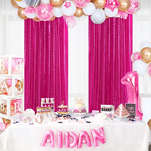 Image of 4 Pieces 2FTx8FT Fuchsia Sequin Backdrop Curtain Panels Stage Backdrop Background for Christmas Party Decoration Wedding Party Background Drapes