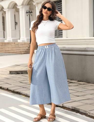 Image of TARSE Women Wide Leg Capri Pants Loose Gingham Plaid Culottes Summer Elastic Waist Palazzo Trousers Bottoms with Pockets