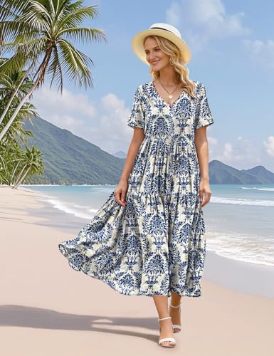 Image of YESNO Women's Summer Maxi Dresses Casual Floral Short Sleeve V Neck Boho Beach Vacation Swing Dress with Pockets EVF