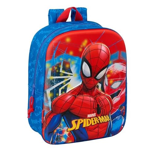 Safta SPIDERMAN 3D - Mochila de Guardería 3D, Adaptable a Carro, Fácil Limpieza, Ideal para Niños de Diferentes Edades, Cómoda y Versátil, Calidad y Resistencia, 22x10x27 cm, Color Azul marino/rojo