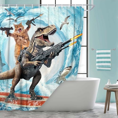 Image of Funny Cat Shower Curtain Set, Cute Cat Riding Dinosaur Surfing in Ocean Wave Ocean Theme Curtains for Bathroom, Surfer Dinosaur Nautical Polyester Fabric Waterproof Kids Bath Shower Curtain Decorative