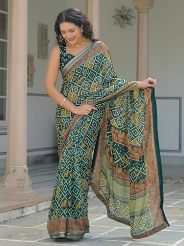 Image of SIRIL Women's Georgette Bandhani Printed Saree With Unstitched Blouse Piece