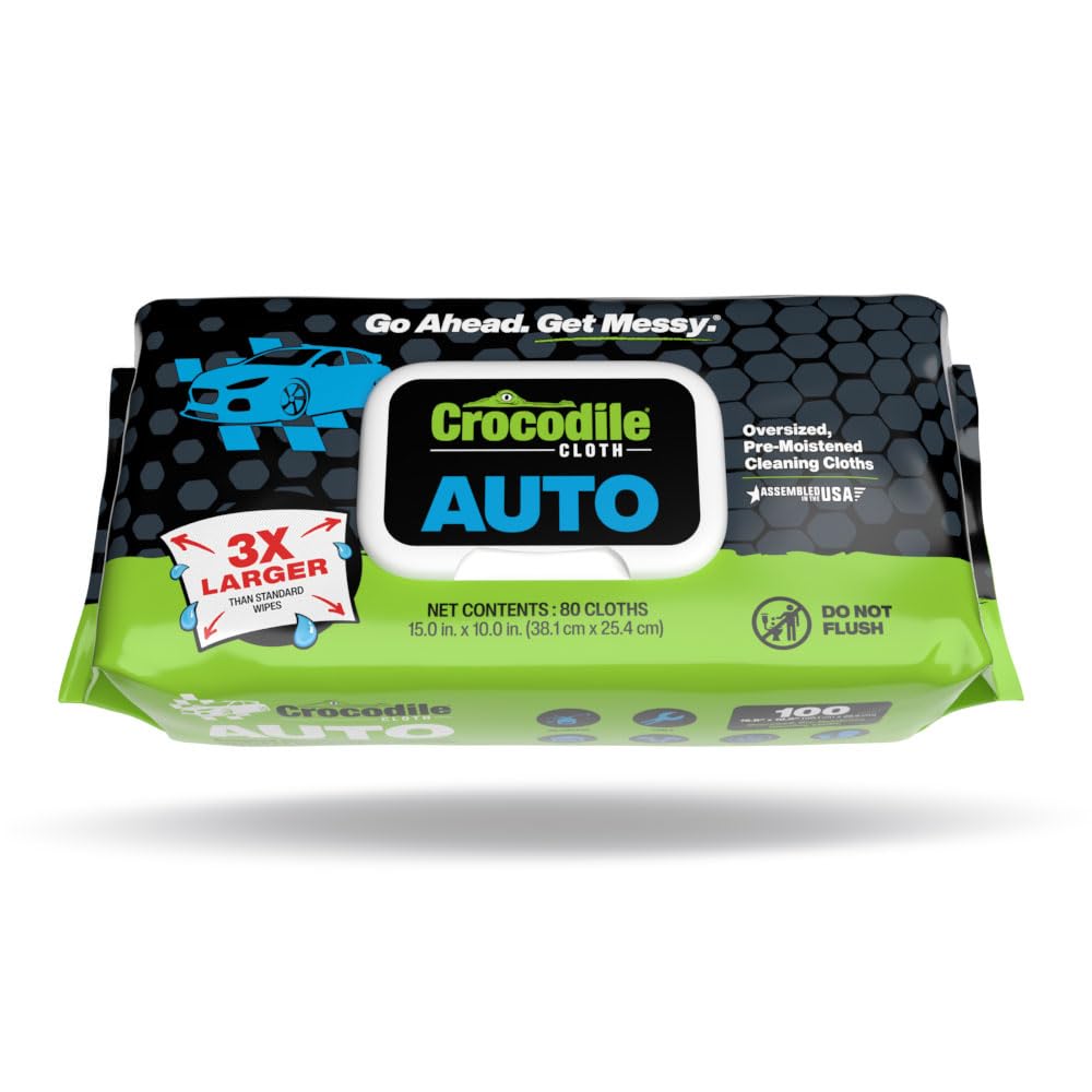 Crocodile Cloth Auto Cleaning Wipes – 100 XL (15" x 10") Disposable Wipes for Car Engine Degreasing, Body Detailing & Tire Cleaning – Cuts Grease, Oil, Adhesives on Hands, Tools, Parts & More