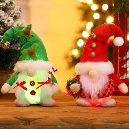 Motionchic 2 Pcs Christmas Lighted Gnomes 8.3 Inch Glowing Handmade Santa Tomte Swedish Gnome Scandinavian Nordic Gnomes with Candy Cane Wreath Berry Jingle Bell for Home Decor Xmas Gifts
