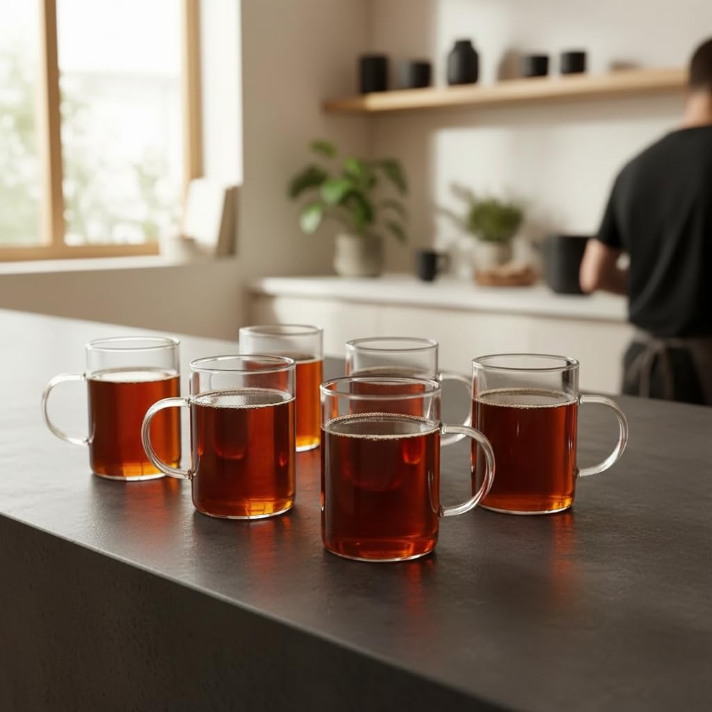 Deconox 6'lı Termisil Borosilikat Cam Kupa Bardak Seti 200 ml - Isıya Dayanıklı Kulplu Şeffaf Çay ve Kahve Bardağı Takımı