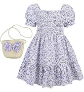 AGQT Toddler Girls Floral Dress Square Neck Puff Sleeve A-Line Smocked Dress with Bag Toddler Gir...