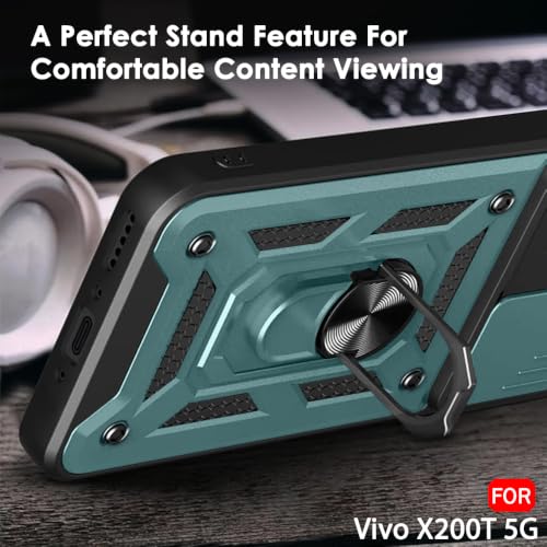 Image of TheGiftKart Tough Armor Bumper Back Cover Case for Vivo X200T 5G | Sliding Camera Cover, Kickstand & Ring Holder | 360 Degree Protection Back Cover Case for Vivo X200T 5G (PC & TPU, Green)