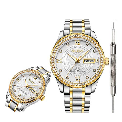 OLEVS Men's Watches Roman Numeral Calendar Date Window Wristwatch Waterproof Stainless Steel Analog Quartz Watch with White Business Casual Luminescence Display