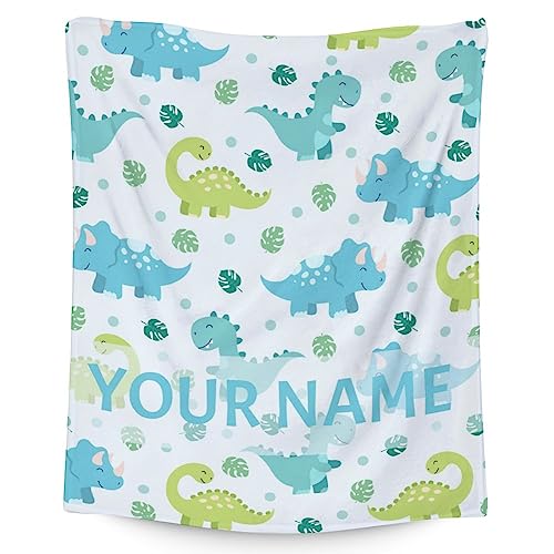 Personalized Dinosaur Blanket Gifts with Name - 60"x80" Cute Throw for Girls & Boys - Blue Soft Fuzzy Blankets for Bed, Couch & Living Room