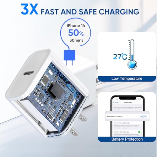 3 Pack Fast Charger iPhone,【Apple MFi Certified】6FT iPhone Charger Fast Charging USB C Block Wall Adapter 6 Foot Type C to Lightning Cable for iPhone 14 Pro Max/14 Plus/13 Pro/12/12Pro/11/XS/X,AirPods - Image 3
