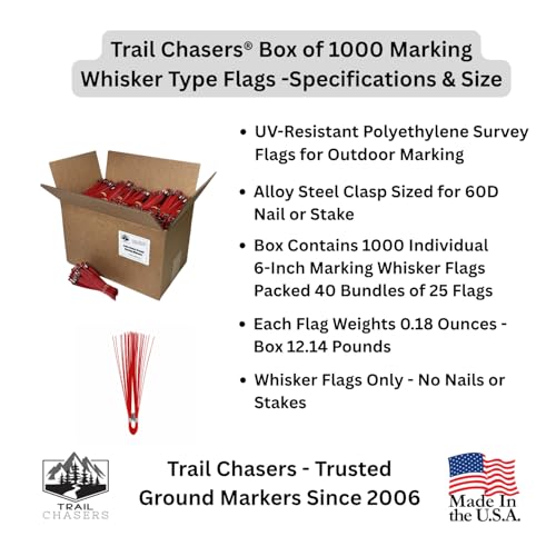 Trail Chasers Survey Marking Flags 6\" (Marking Whiskers), Red, 1000 Count – High Visibility for Construction, Landscaping & Property Lines (Flags Only) - Thumbnail 2