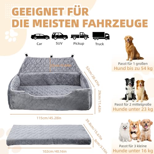 autozen Hunde Autositz für mittlerer große Hunde, Abnehmbarer Hundesitz Auto bis zu 54kg mit 2 Sicherheitsleinen, Waschbarer Hundebett Auto für den Rücksitz, Grau
