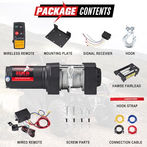 FieryRed ATV/UTV Winch- 12 V 3500LBS Electric Winch with Steel Cable, Wire and Wireless Remote Control, Roller Fairlead, IP67 Waterproof