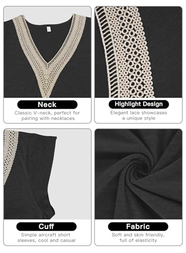 PLOKNRD Womens Summer Short Sleeve Tops Casual Lace V-Neck Tunic Plus Size T Shirts for Women Relaxed-Fit(Black,XXL) - Image 5