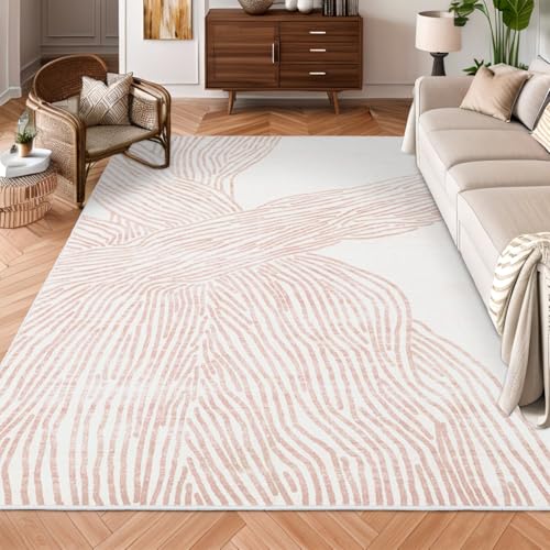 YIHOUSE Pink Rug for Living Room, 6×9 Modern Abstract Area Rug, Geometric Contemporary Wave Striped Rugs for Playroom Nursery, Washable Nonslip Large Ultra-Thin Rug for Bedroom Dining Room