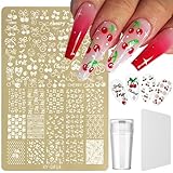 HYWWPFLAY Gold Nail Stamp Plates with Jelly Stamper & Scraper - Cherry, Bowknot, Heart, Flower Nails Designs Tools, Nail Art Stamping Plates, Nail Plate Template for French Tip DIY Manicure Salon