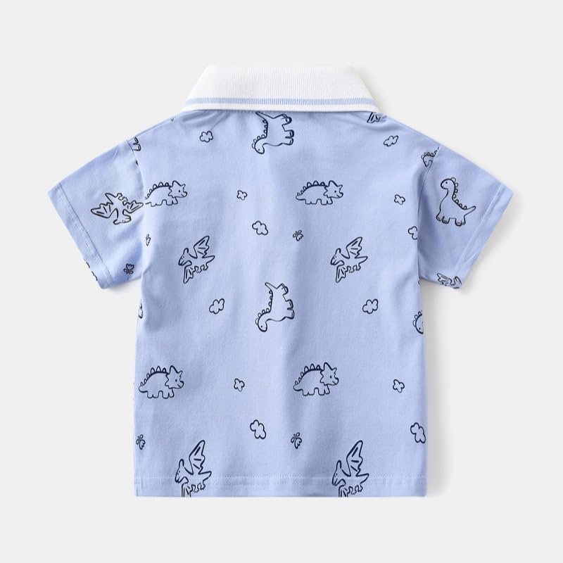 Toddler Baby Boys Short Sleeve Polo Collar T-Shirt Cute Cartoon Dinosaur Prints Shirt Tops (Blue,18 Months)