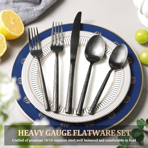 20-Piece-Heavy-Duty-Hammered-Silverware-Set-for-4Forged-Black-1810-Stainless-Steel-Flatware-SetPremium-Food-Grade-Cultery-Set-KnivesForks-and-Spoons-Tableware-SetService-for-4 20 Piece Heavy Duty Hammered Silverware Set for 4Forged Black 1810 Stainless Steel Flatware SetPremium Food Grade Cultery Set KnivesForks and Spoons Tableware SetService for 4