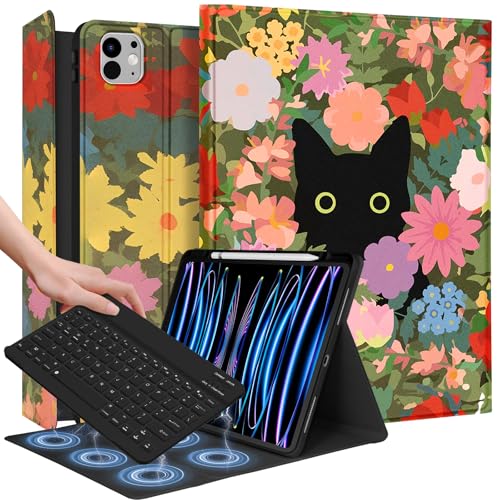 for iPad Pro 13 inch Case with Keyboard M4 - Pencil Holder Folio Women Girls Cute Kawaii Strawberry Unique Design for Apple Tablet Cover Pro 13 2024, Cat Flower