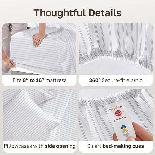 Image of California Design Den King Size Sheet Set - 100% Cotton, 600 Thread Count, Deep Pocket King Sheets, Premium-Feel Bedding with Sateen Weave - Ticking Stripe Pattern