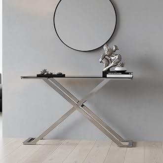 VANITY LIVING 120cm Console Table for Living Room Furniture, Slim Hallway Table with Silver Stainless Steel Base and Smoked Glass Top, Narrow Entryway Table