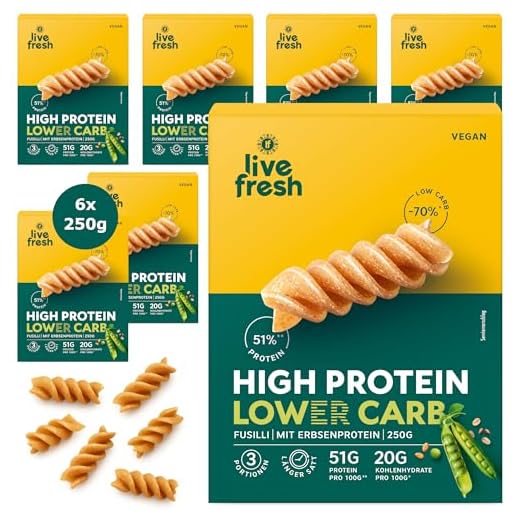 LiveFresh High Protein Nudeln – Low Carb Pasta ballaststoffreich – Vollkornnudeln vegan & glutenfrei – Fusilli – 6x250g