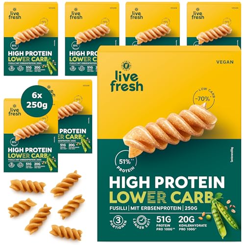 LiveFresh High Protein Nudeln – Lower Carb Pasta ballaststoffreich – Vollkornnudeln vegan – Fusilli – 6x250g