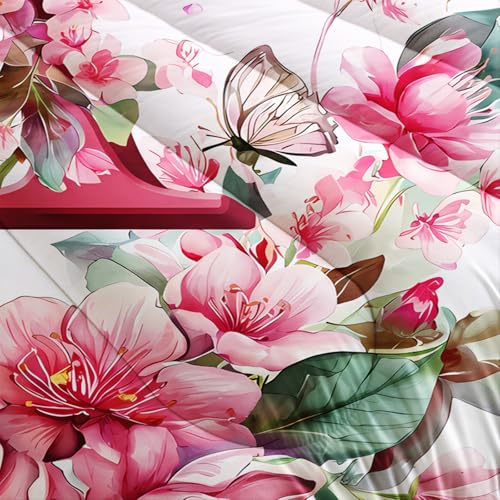 Image of AILONEN Queen Floral Initial A Comforter Set, Pink Blossom Butterfly Bedding, Monogram Letter Decor, Lightweight Microfiber Luxury Guest Master Bedroom