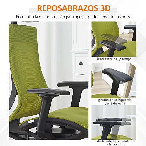 Vinsetto Silla de Oficina Giratoria Silla de Escritorio Ergonómica con Altura Ajustable Reposabrazos Reposacabezas Regulables y Respaldo Alto de Malla 66,5x66x120-128 cm Verde