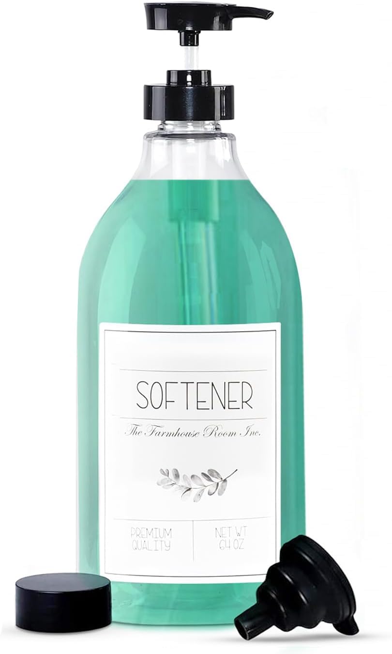 Fabric Softener Liquid Dispenser - Softener Container for Laundry Room Organization - BPA Free & PET Plastic 1/2 Gallon Pump Bottle Dispenser - w/Waterproof Labels 64oz