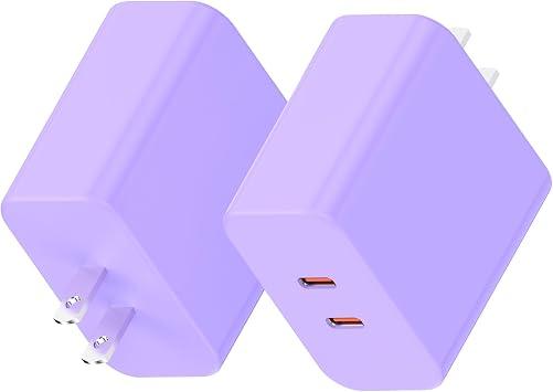 40W Gan Dual USB C Charger Block 2-Pack,PD 3.0 Fast Charging Wall Plug Power Adapter with Dual Type C Ports for iPhone 16/15/14/13/12 Pro Max,iPad Pro/Air/Mini,Galaxy S25 / S24,Purple